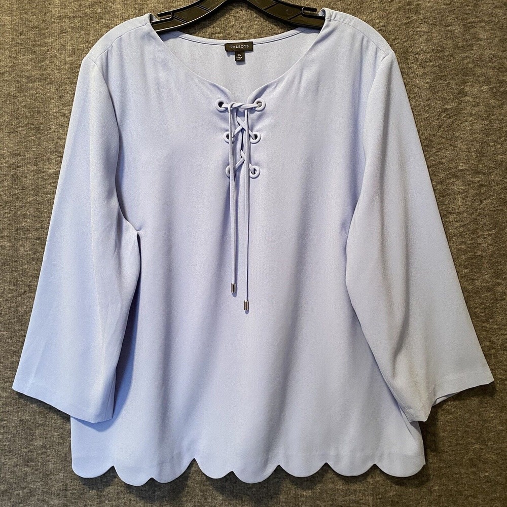 Talbots Top Womens XL‎ Pastel Blue Scallop Hem Tie Front 3/4 Sleeve Tunic Blouse